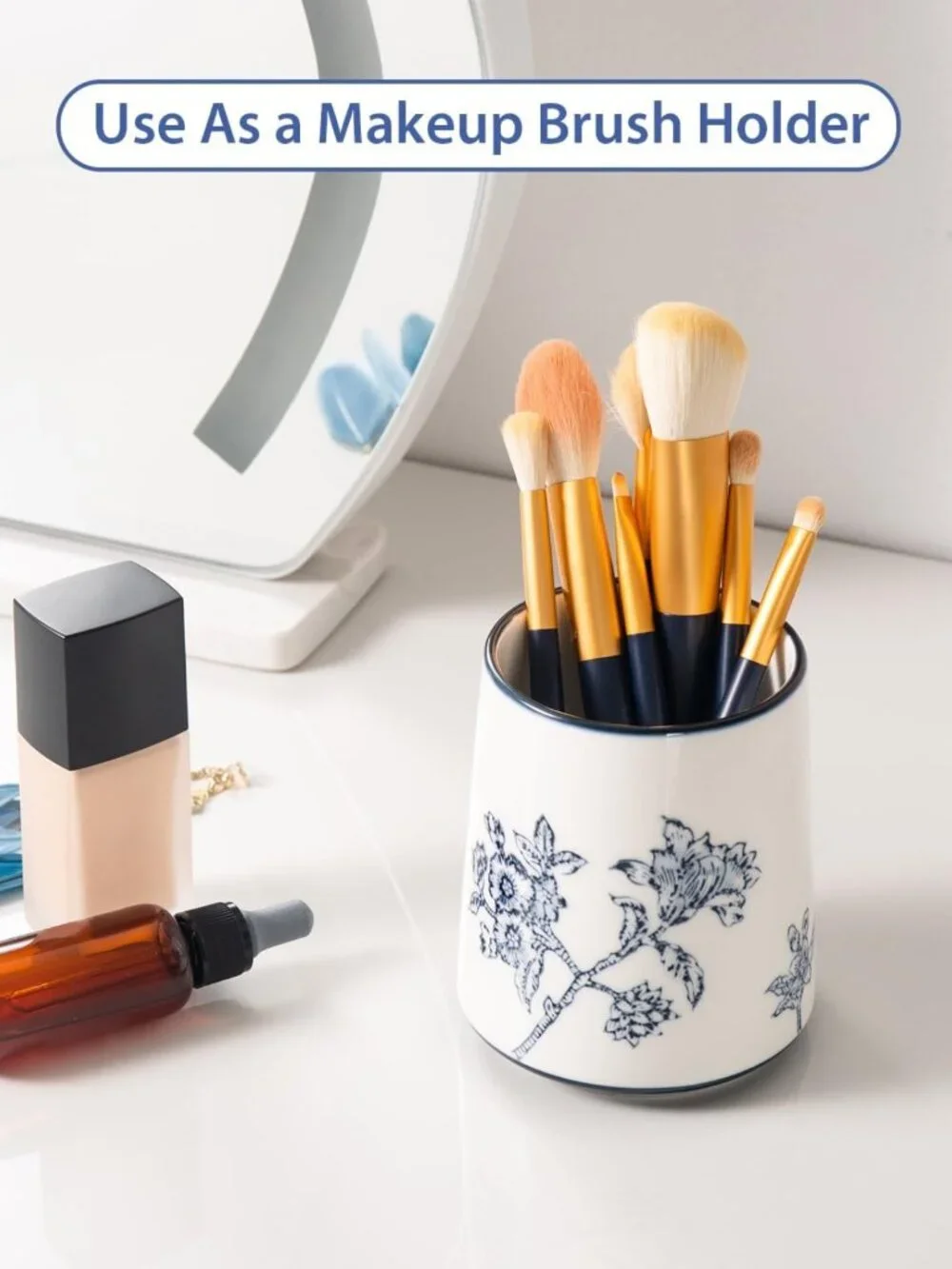 Ceramic Toothbrush Holder for Bathroom, Chinoiserie Makeup Brush Cup, Floral
